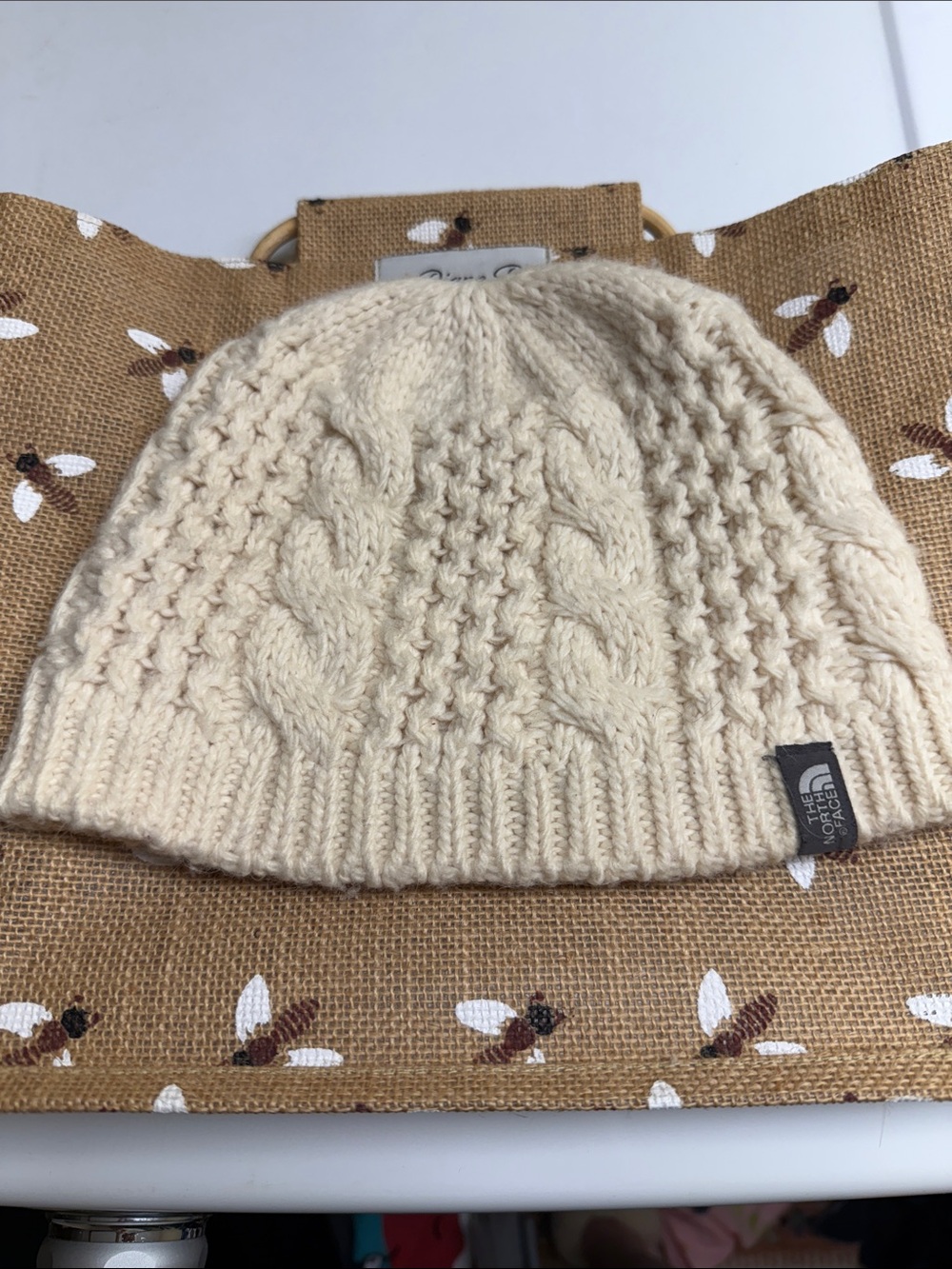 The North Face Kids Cream Cable Knit Beanie with Brim